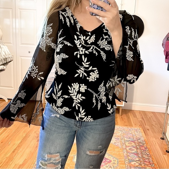 J LAXMI | Vintage 80’s Beaded Draped Sequin Sheer Black Blouse Top - Picture 2 of 9